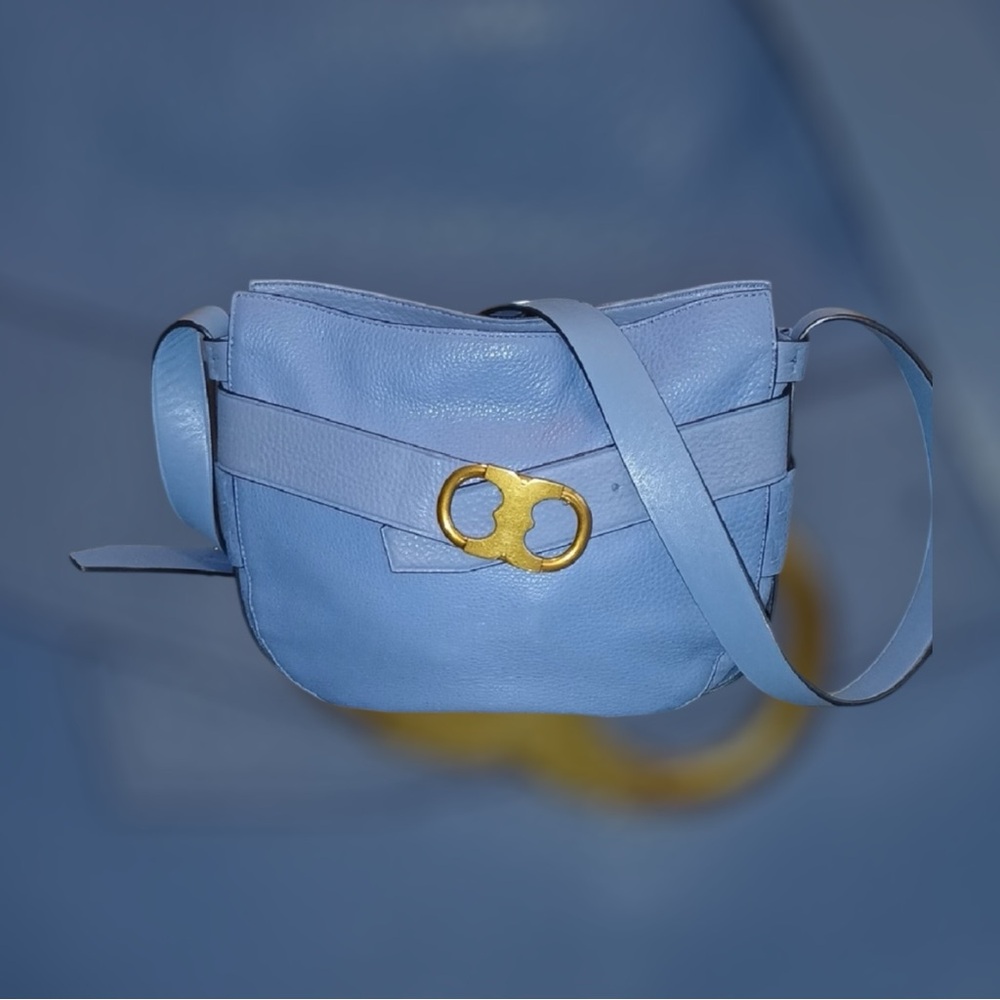 EUC Tory Burch Gemini Link blue slate pebble leather hobo messenger style - Picture 2 of 10